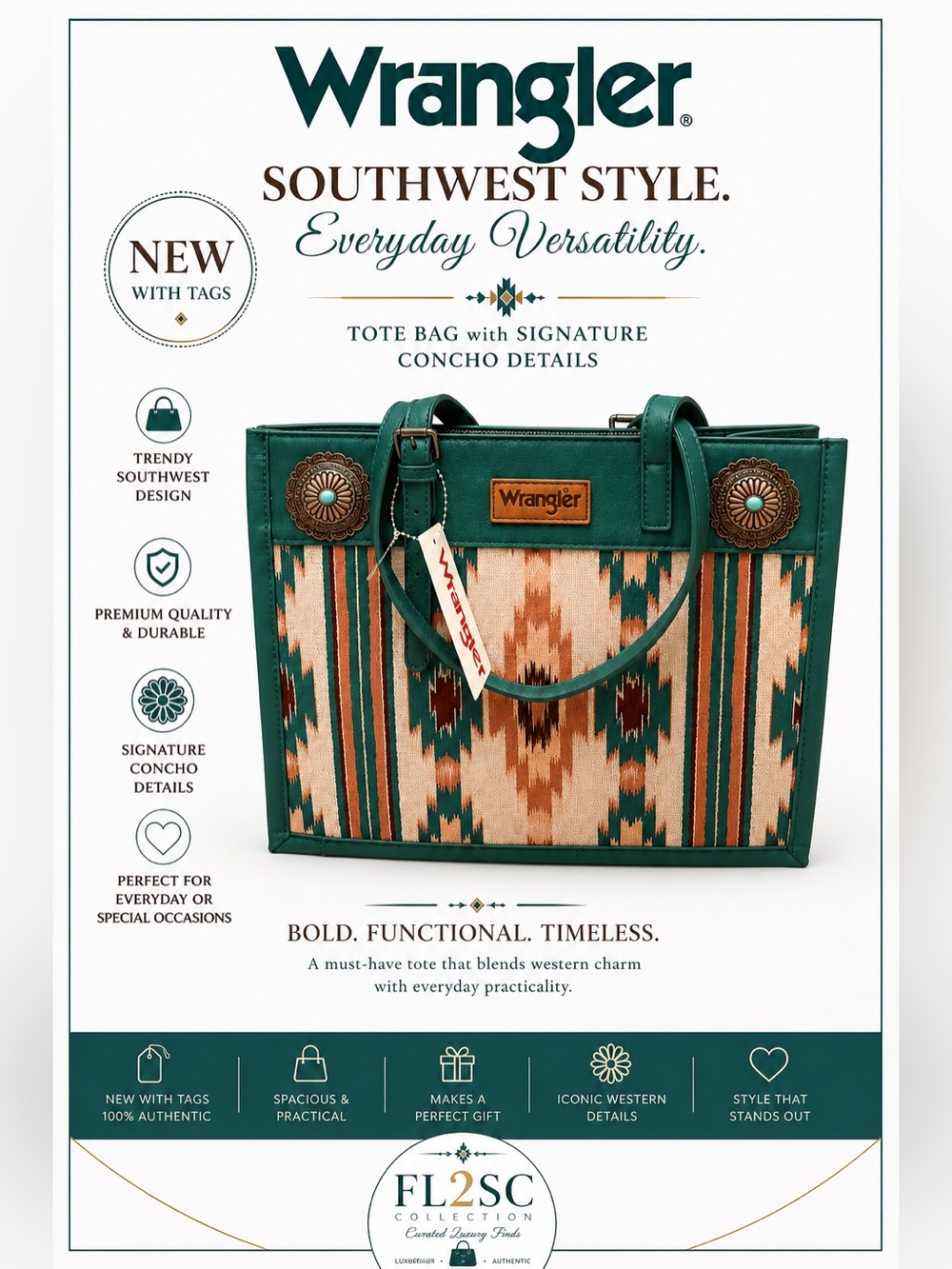 NWT Wrangler Teal Southwestern Tote - Picture 2 of 3